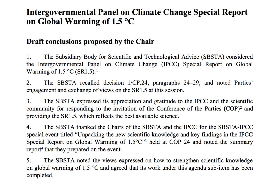 The final draft text regarding the IPCC report, agreed upon by delegates. Source: UNFCCC