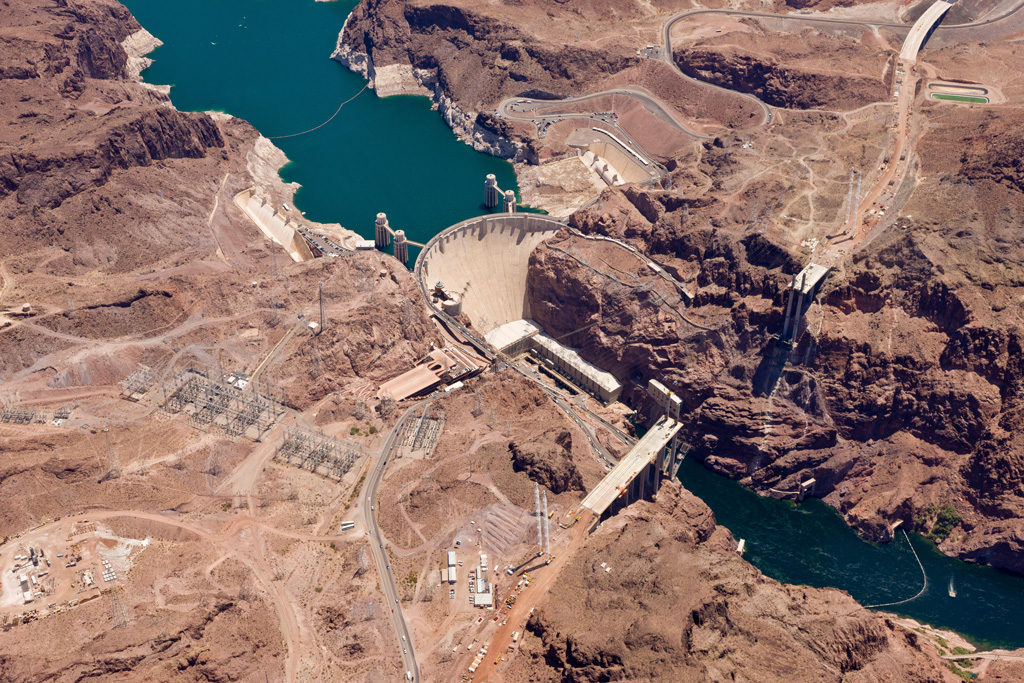 Aerial image of Hoover Dam on the border between the US states of Arizona and Nevada. Credit: John Henshall / Alamy Stock Photo