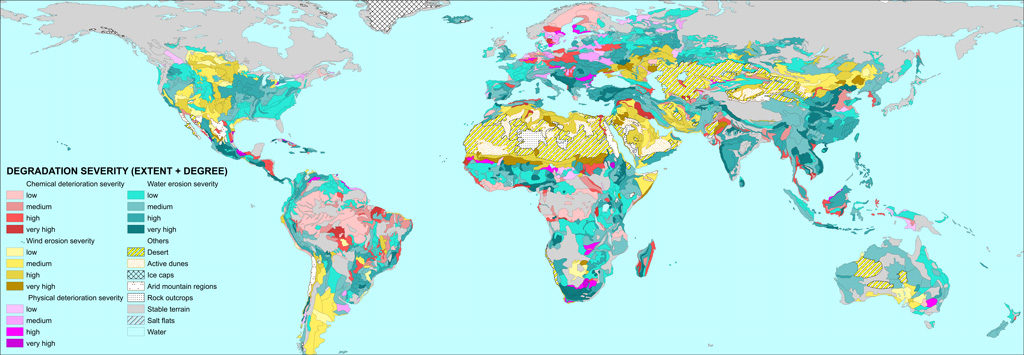 Global Assessment of Human-induced Soil Degradation (GLASOD). Shading indicates type of degradation: chemical (red), wind (yellow), physical (purple) and water (blue), with darker shading showing higher levels of degradation. Source: Oldeman, L. R., Hakkeling, R. T. A. and Sombroek, W. G. (1991) World Map of the Status of Human-Induced Soil Degradation: An explanatory note (rev. ed.), UNEP and ISRIC, Wageningen.