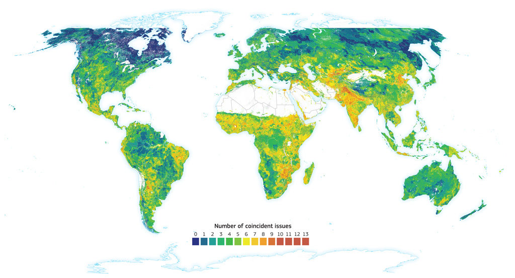 Map showing “convergence of evidence” of 14 land degradation risks from the third edition of the World Atlas of Desertification. Shading indicates the number of coincident risks. The areas with the fewest are shown in blue, which then increase through green, yellow, orange and the most in red. Credit: Publication Office of the European Union