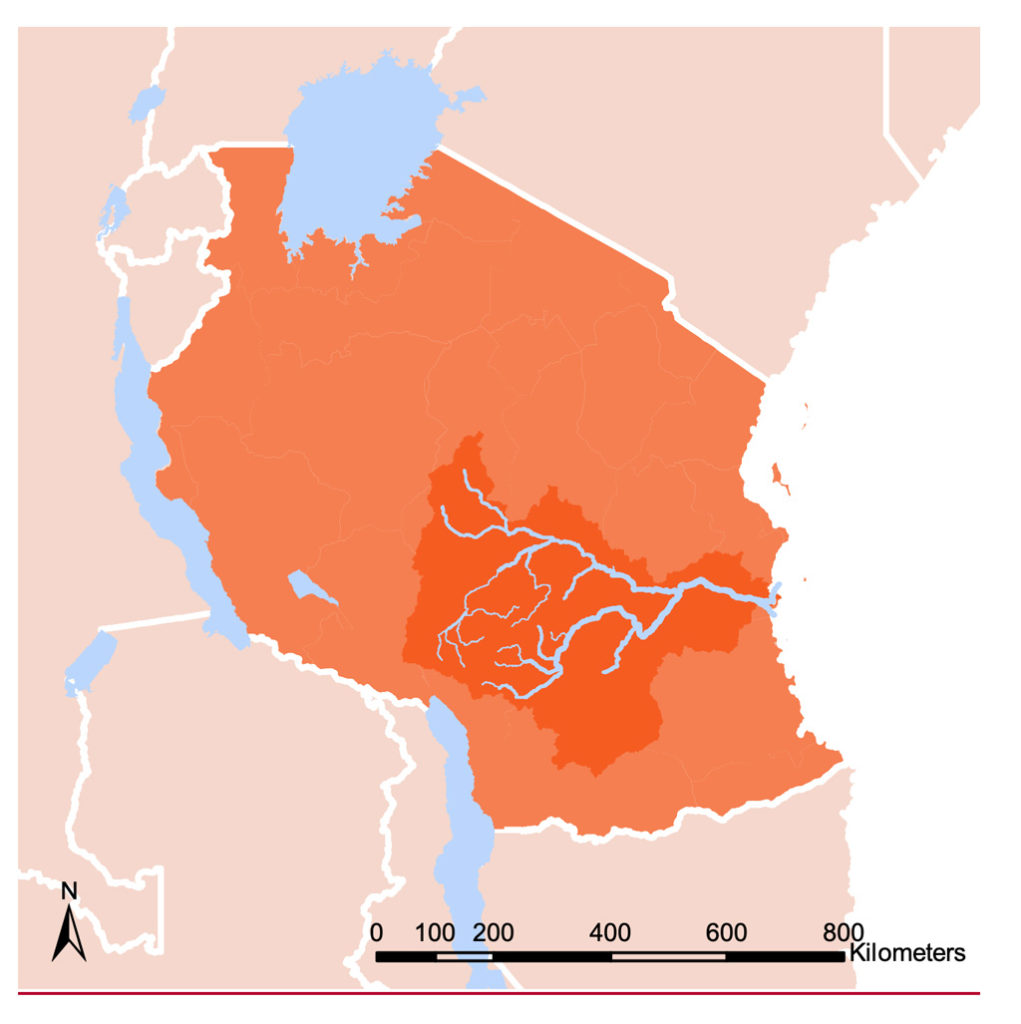 Map shows the Rufiji river basin (dark orange) within Tanzania (orange). Source: Conway et al. (2019)