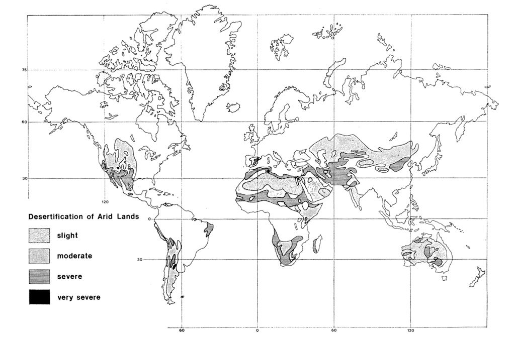 World map showing Status of desertification in arid regions of the world. Taken from Dregne, H. E. (1977) Desertification of arid lands, Economic Geography, Vol. 53(4): pp.322-331. © Clark University, reprinted by permission of Informa UK Limited, trading as Taylor & Francis Group, www.tandfonline.com on behalf of Clark University.