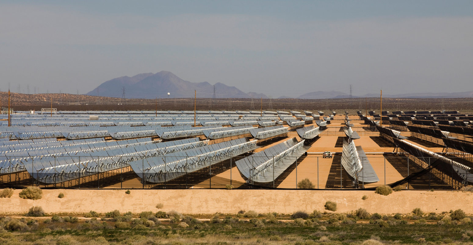 An array of solar troughs in the North American southwest desert - California, USA