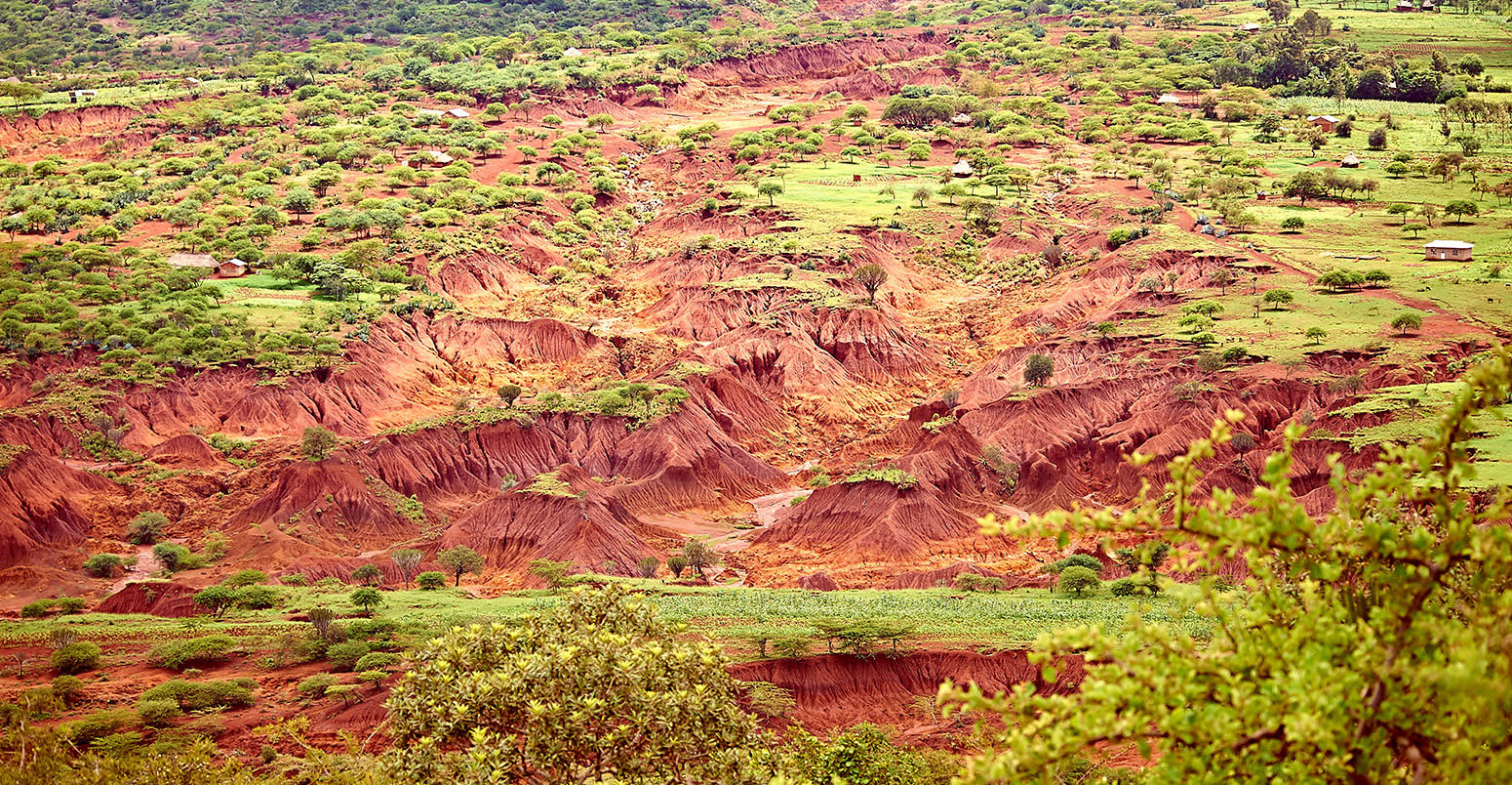 Land erosion caused by deforestation and over-farming, Ngorongoro Highlands, Tanzania. Credit: Stephan Schramm / Alamy Stock Photo. HFA65N