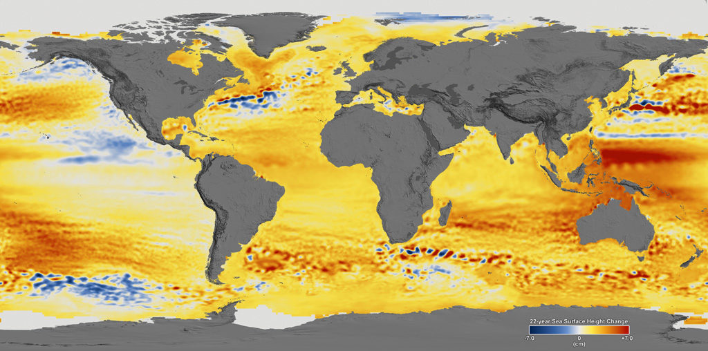 Global mean sea level from 1992-2014 based on data collected from the TOPEX/Poseidon, Jason-1 and Jason-2 satellite altimeters. Figure from the NASA Scientific Visualization Studio.