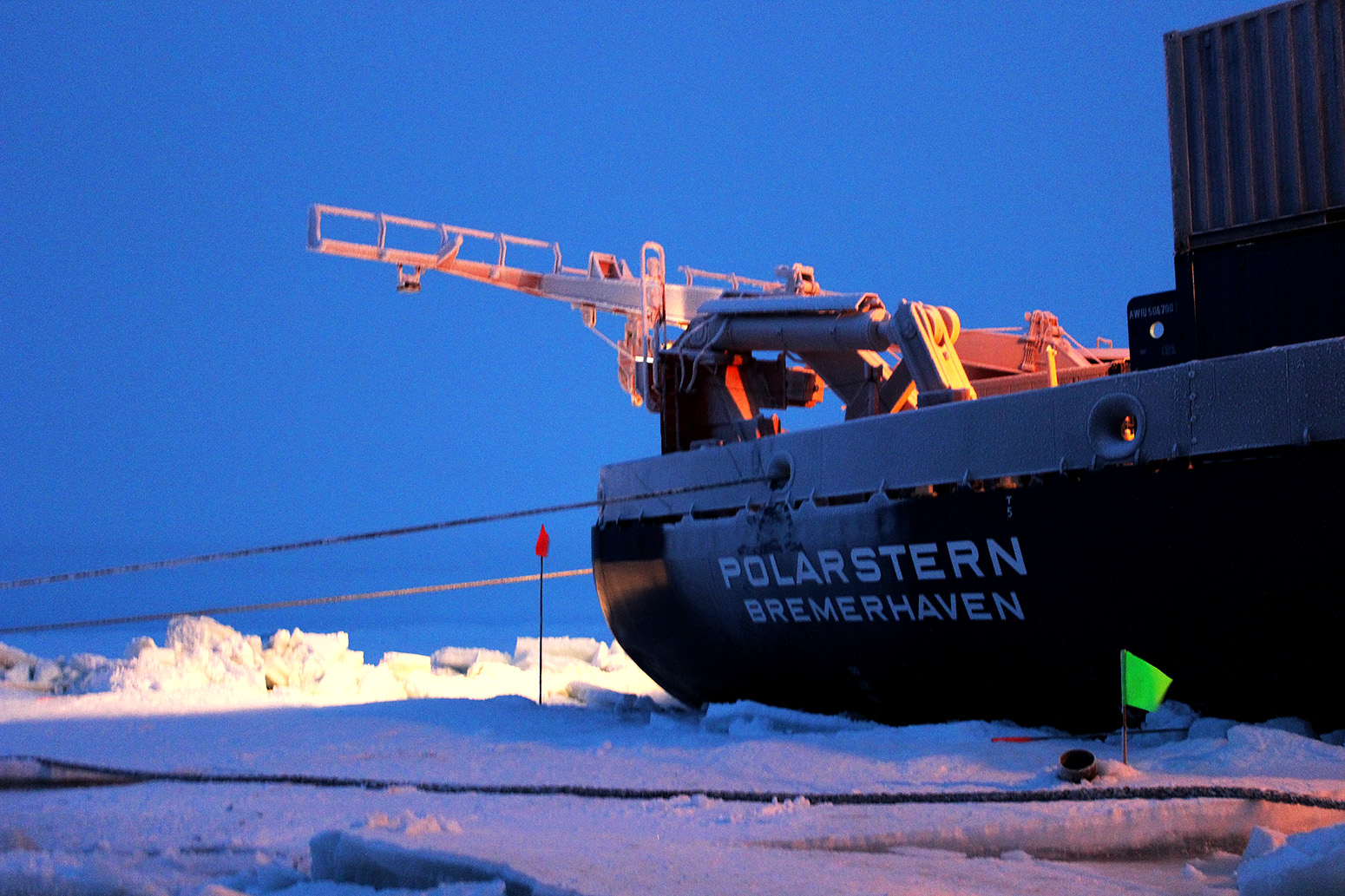 A series of ropes anchor the Polarstern to the sea ice in the Central Arctic Ocean.