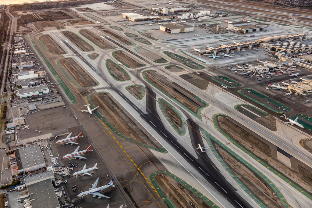Aerial view of Los Angeles International Airport. Credit: blphoto / Alamy Stock Photo. PWBR20