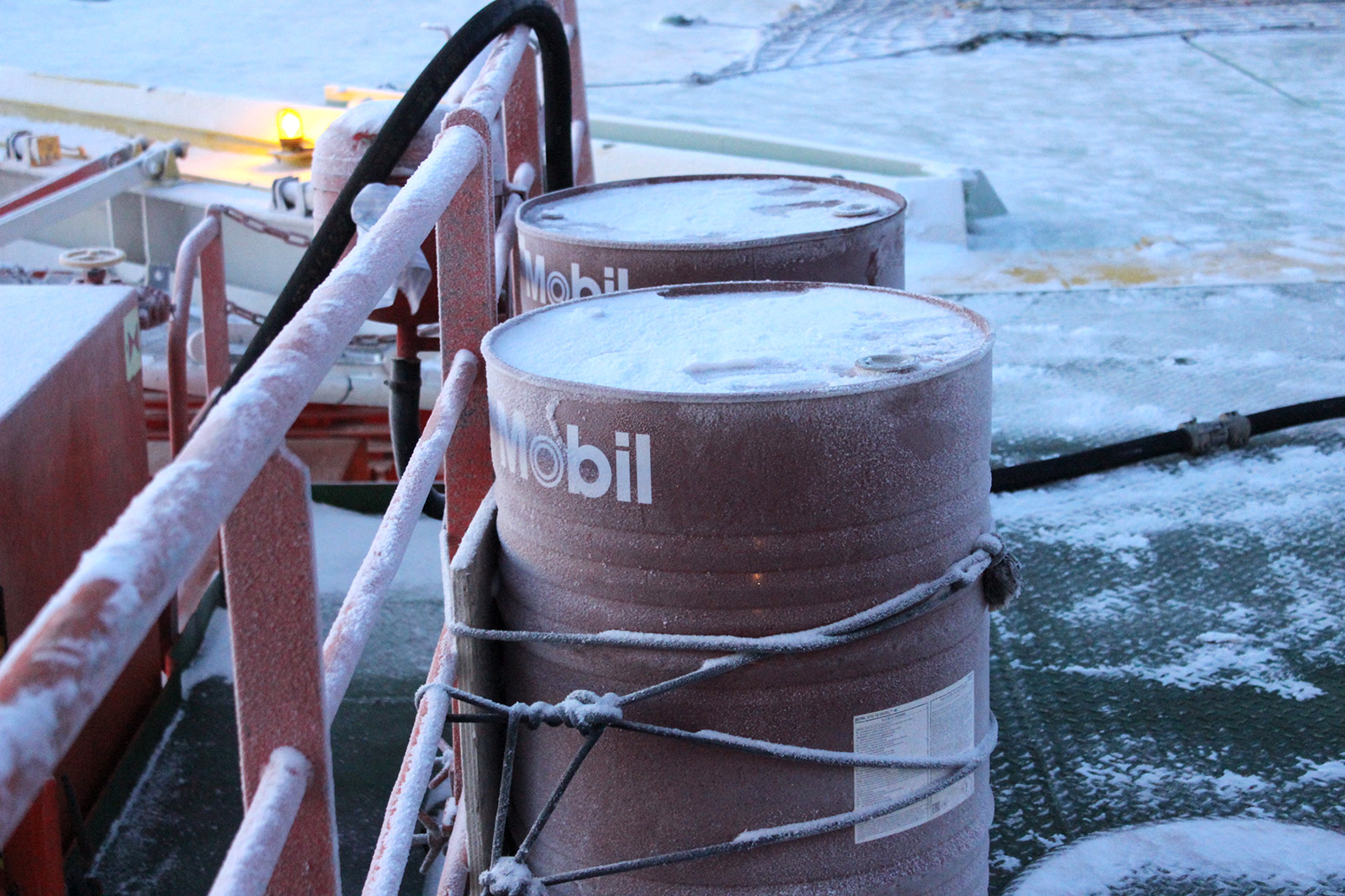 Cans of helicopter fuel on the helideck of the Akademik Fedorov.