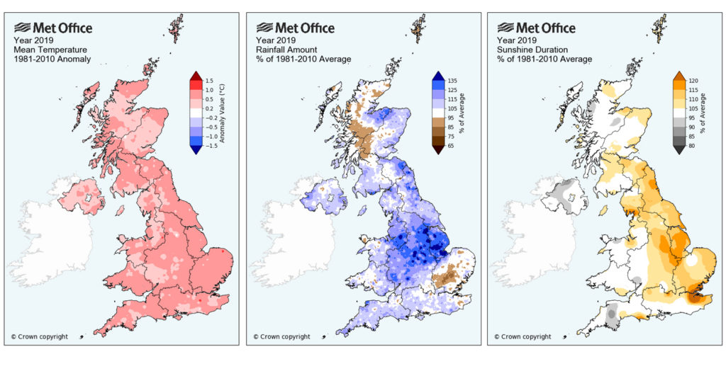 Maps of UK annual average temperature (left) rainfall (middle) and sunshine duration (right) for 2018. Credit: Met Office