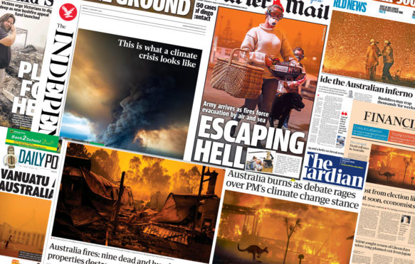 全球媒体报道澳大利亚野火的拼贴画。图片来源：碳摘要亚慱官网。