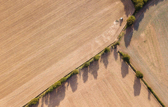 鸟瞰图，一辆拖拉机在英国萨福克耕地。来源:克里斯·卡伦/阿拉米·斯托克照片2A0X231