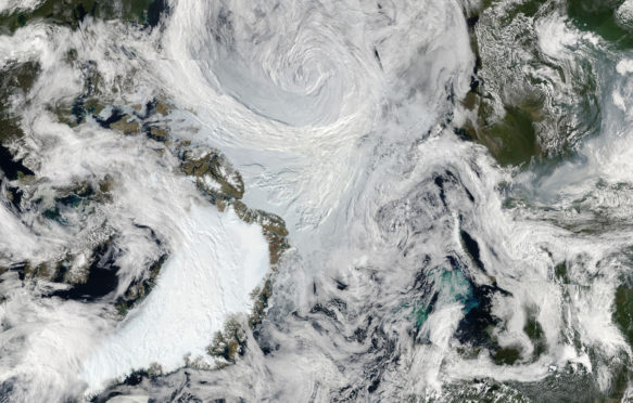 北极风暴的图像拼接。（来源：NASA/Goddard/MODIS快速反应小组）