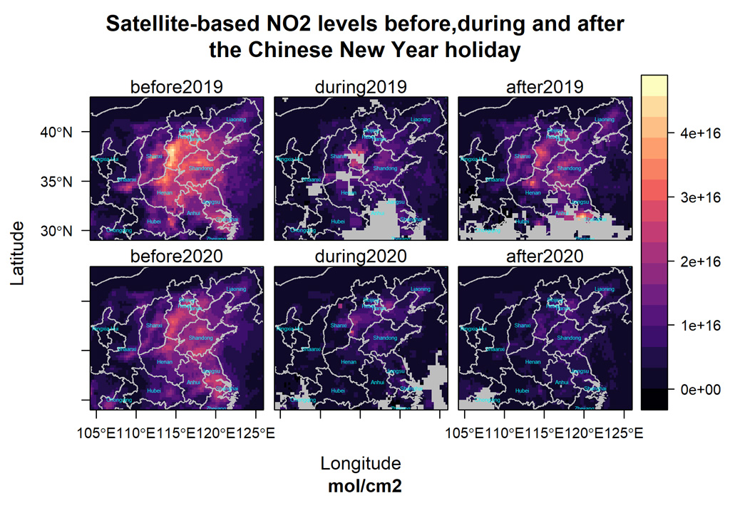 Satellite-based NO2 levels before, during and after the Chinese New Year holiday highlight the effect of Coronavirus on air pollution.