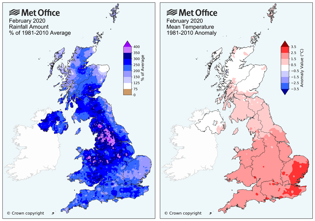 Rainfall (% of 1981-2010 average) and temperature (Celsius relative to average for 1981-2010) anomaly maps for February 2020. Chart: Met Office