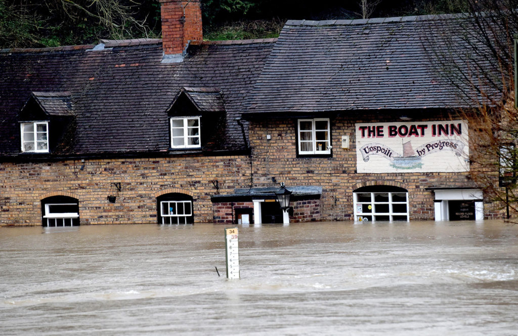 The Boat Inn pub in Jackfield, Shropshire flooded by the River Severn, 18 February 2020. Credit: Dave Bagnall / Alamy Stock Photo. 2B2DC26