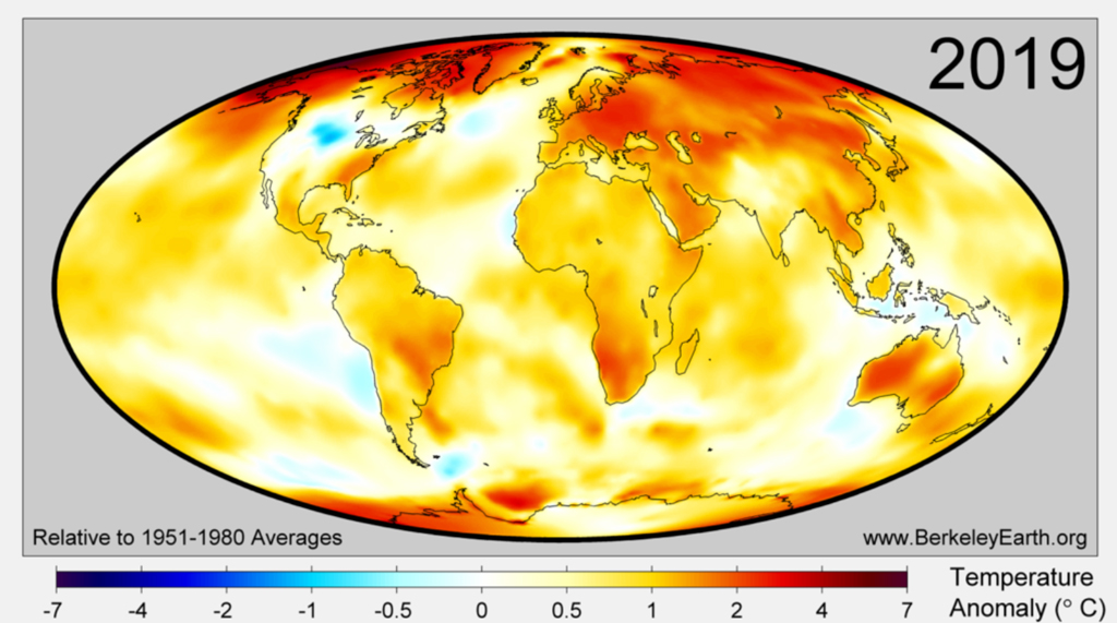 Surface temperature anomalies for 2019 from Berkeley Earth, using a 1951-80 baseline.