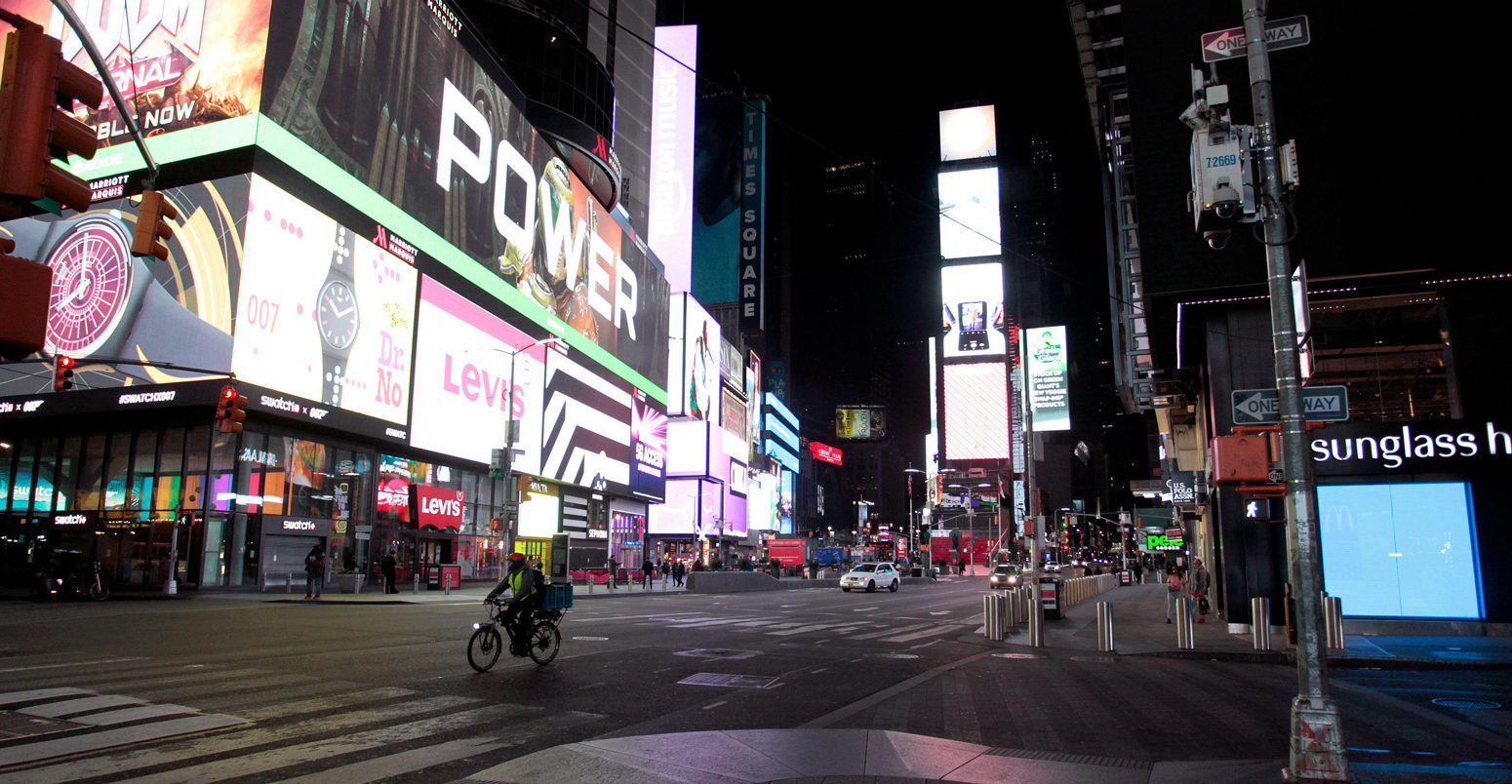 A largely empty Times Square during the Coronavirus pandemic, New York City. 21 March 2020. Credit: Adam Stoltman / Alamy Stock Photo