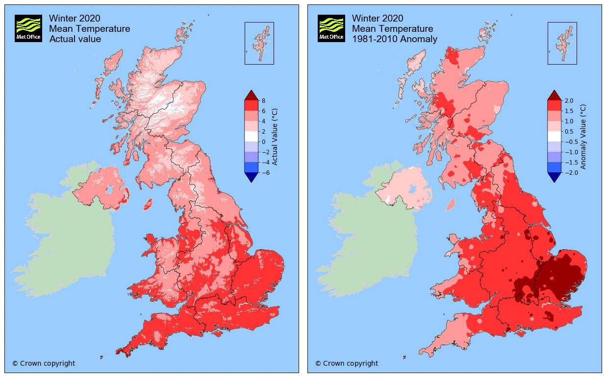 UK average winter temperatures (December 2019-February 2020), shown as absolute figures (left) and relative to the 1981-2010 average (right). Credit: Met Office