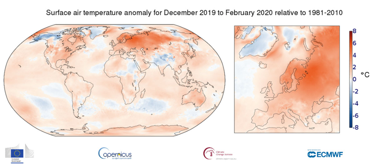 Global (left) and Europe-wide (right) average temperatures from December 2019 to February 2020, relative to the 1981-2010 average. Credit Copernicus Climate Change Service/ECMWF.