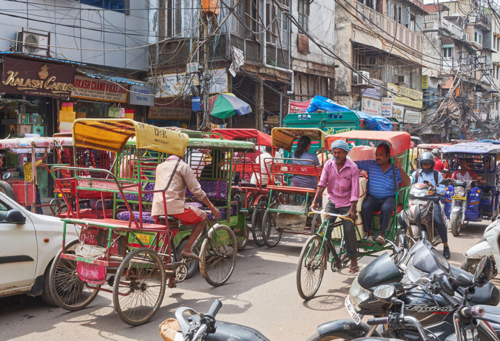 New Delhi / India - September 19, 2019: Transport congestion in Chandni Chowk, a busy shopping area in Old Delhi with bazaars and colorful narrow streets