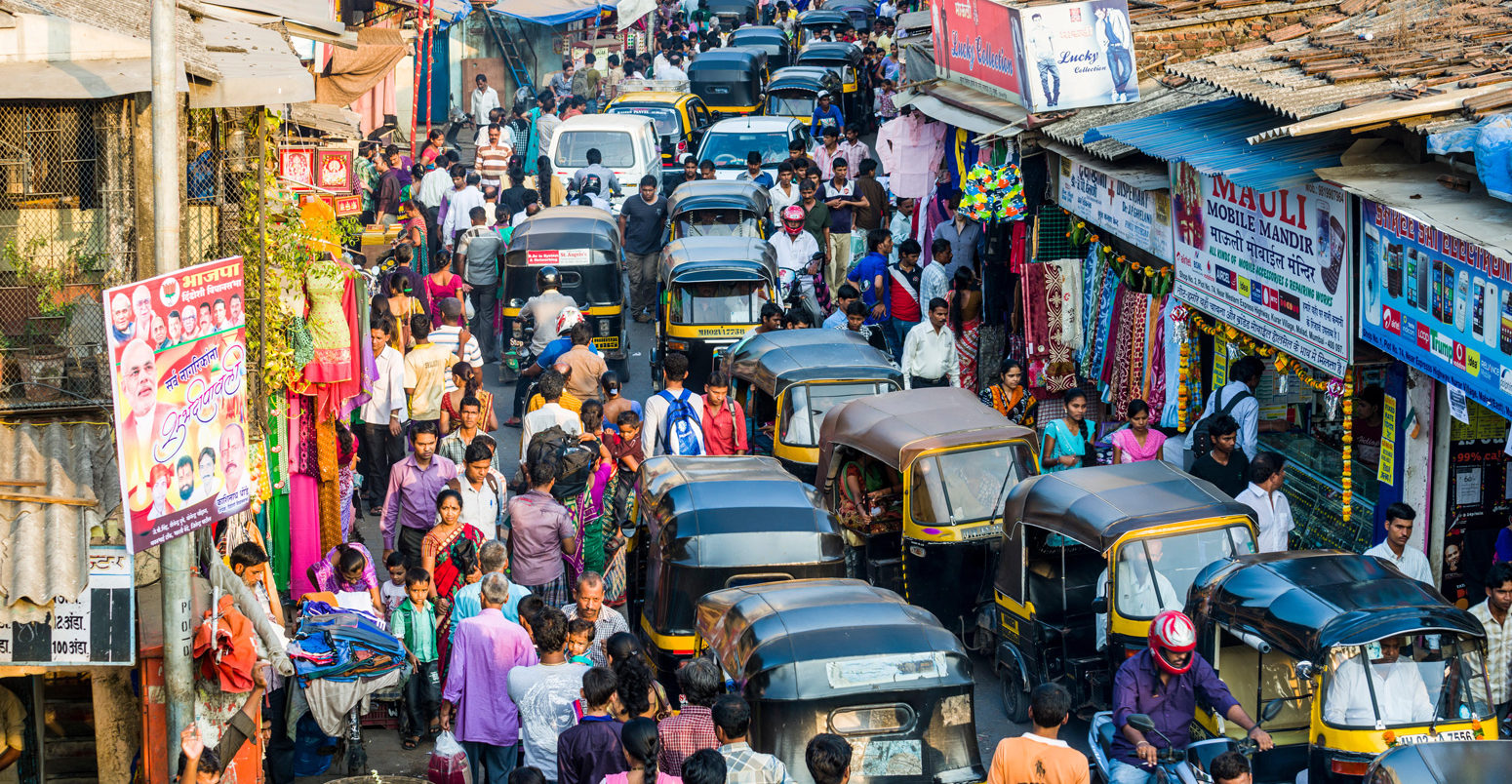 Roadblock in busy market area of Mumbai, India. Credit: Frank Bienewald / Alamy Stock Photo