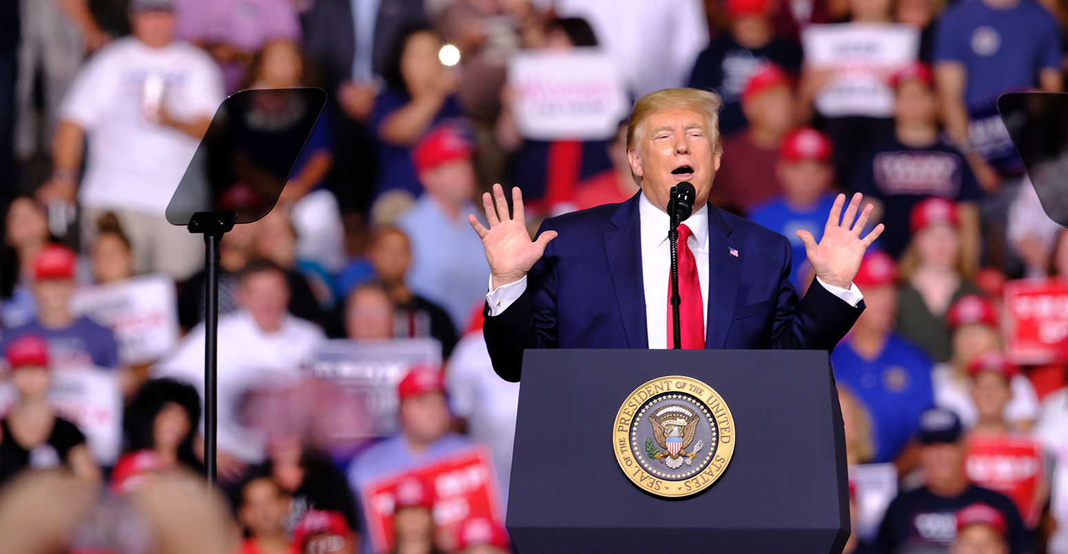 President Donald Trump speaks at a campaign rally in 2019. Credit: SOPA Images Limited / Alamy Stock Photo.