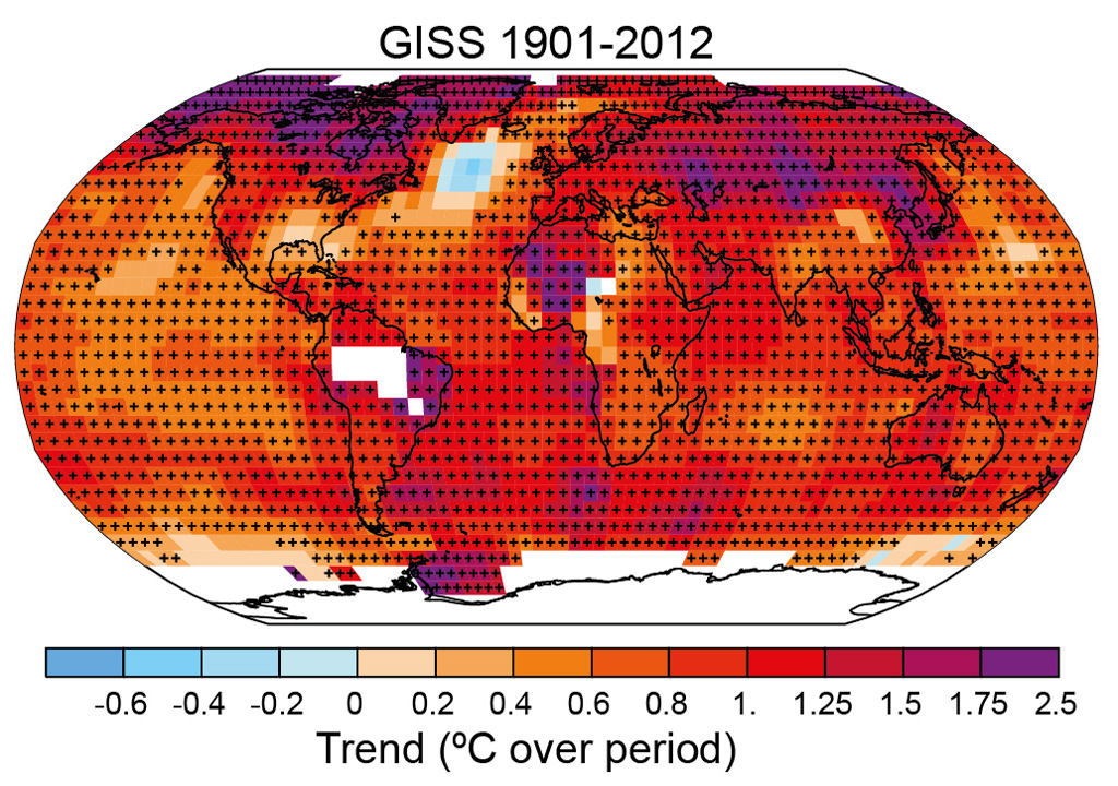 Map of observed changes in global surface temperature for 1901-2012, from the NASA Goddard Institute for Space Studies temperature record. Orange, red and purple shading indicates warming, while blue indicates cooling. Black plus signs (+) indicate grid boxes where trends are statistically significant. Source: IPCC AR5 WG1 Fig.2.21