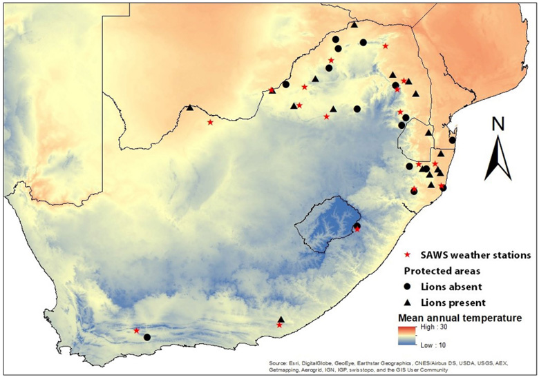 The distribution of camera traps where lions were present (triangles) and (absent) across southern Africa. The location of weather stations is also shown (stars). Mean annual temperature is shown from red (high) to blue (low). Source: Veldhuis et al. (2020)