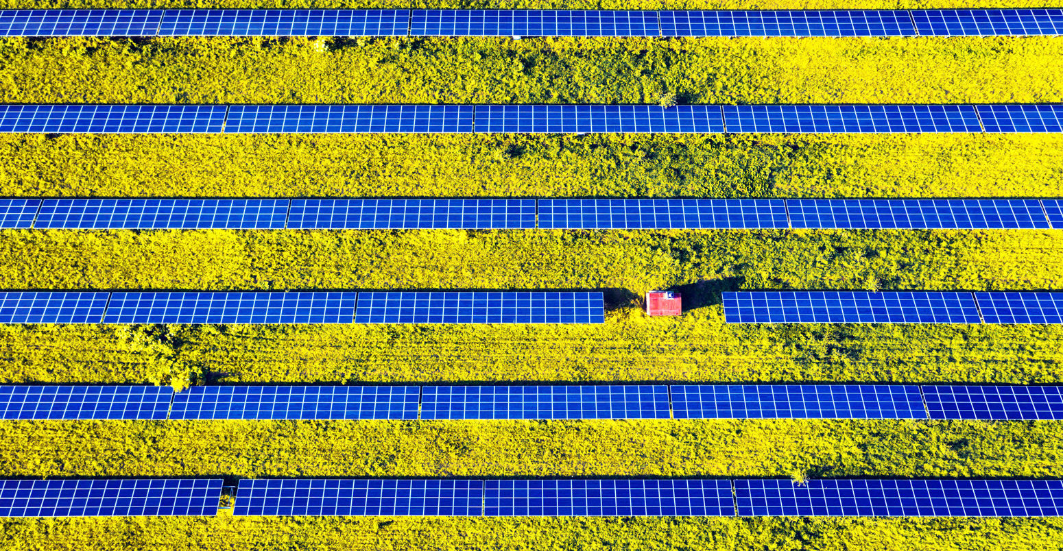 Aerial drone photo looking down on rows of blue solar panels in a renewable energy farm, Ukraine. Credit: Ivan Kmit / Alamy Stock Photo