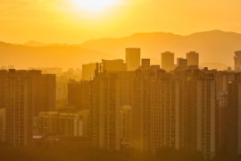 Beijing landmarks, including the China Zun, stand to form a skyline at sunset