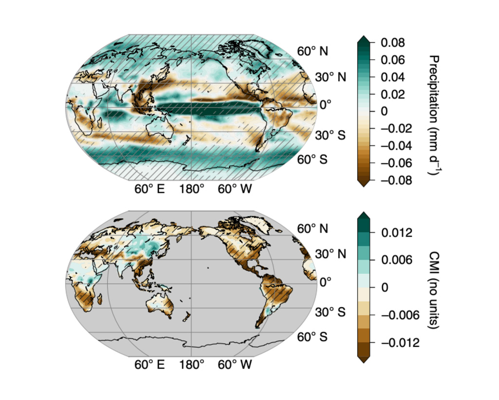 Local anomalies in rainfall (top) and the “climate moisture index” (CMI; bottom) from 1860 to 2019 across the globe. Brown shows drying while green shows increases in rainfall and moisture.
