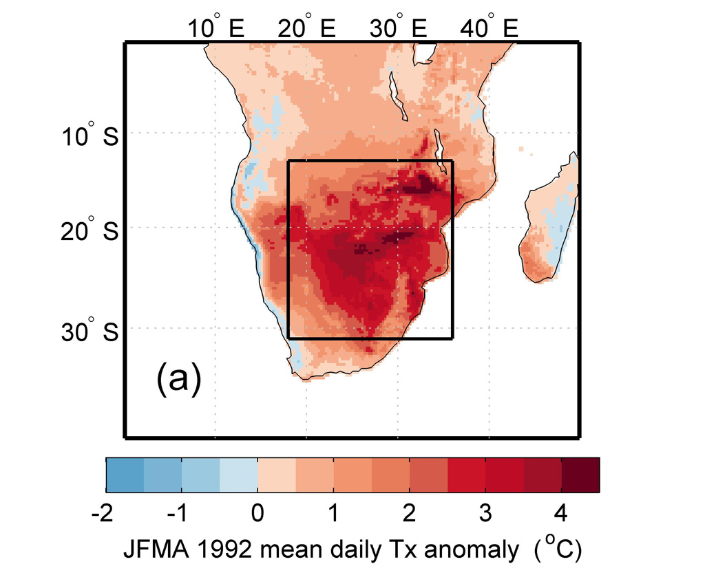 Map of southern Africa heat event in 1992 using ERA5 reanalysis data. Map shows average daily maximum temperatures for January to April, relative to the January-April average for 1981-2010. Shading indicates warmer (red) and cooler (blue) than average conditions.