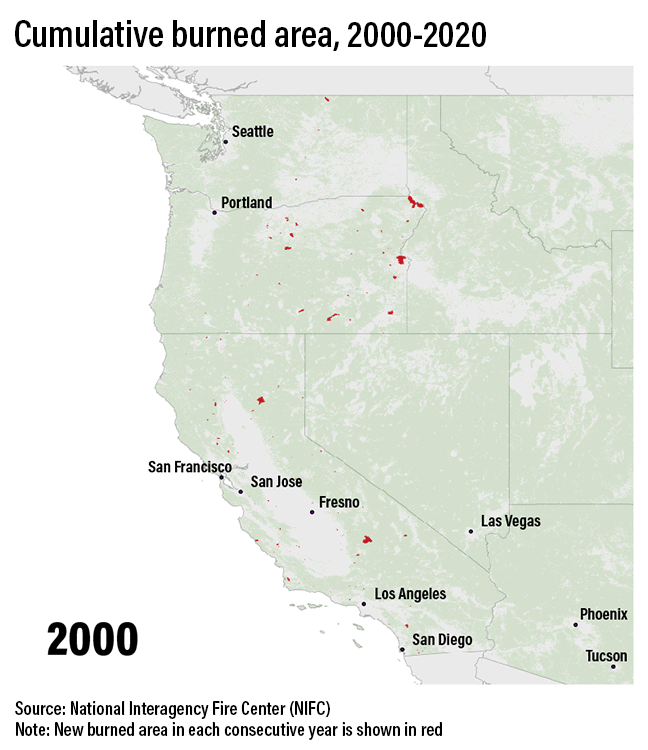Cumulative burned area across the western US from 2000 to 2020. Credit: Global Forest Watch.