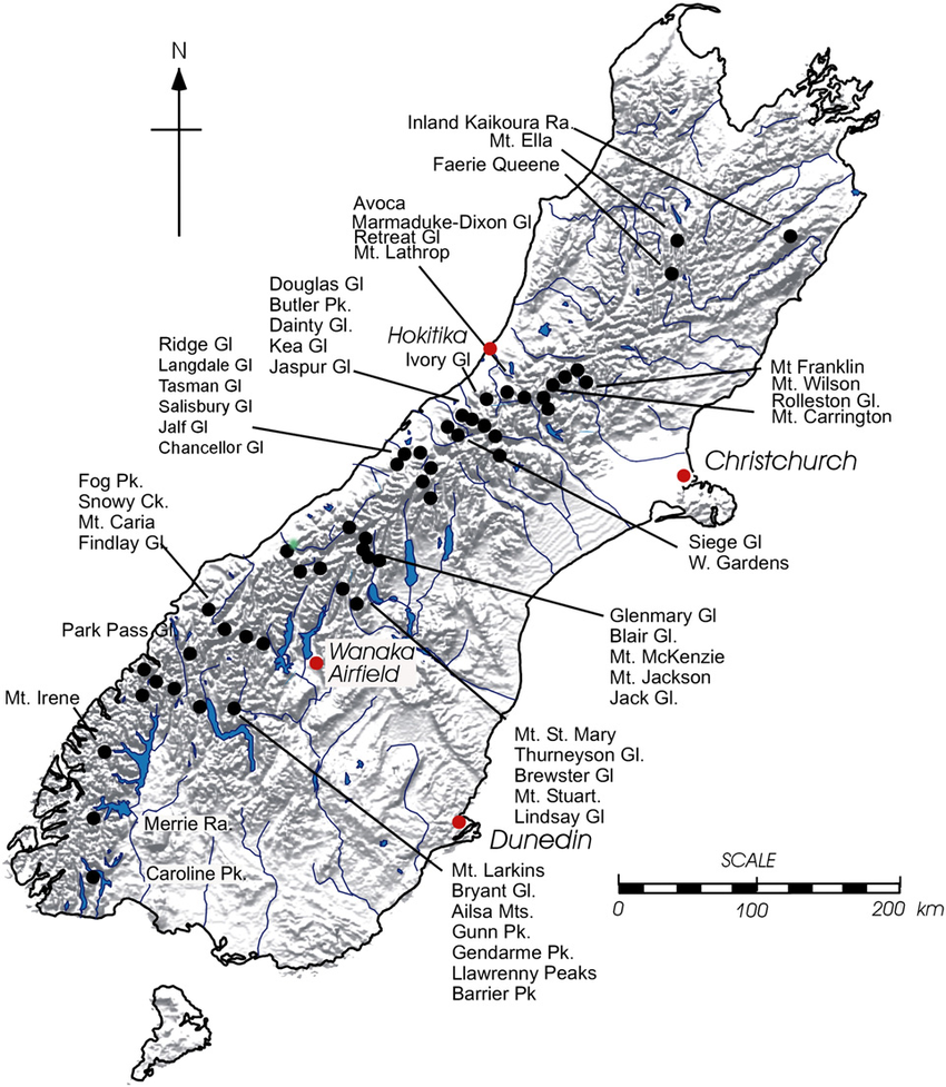 Map of the South Island of New Zealand showing glaciers.