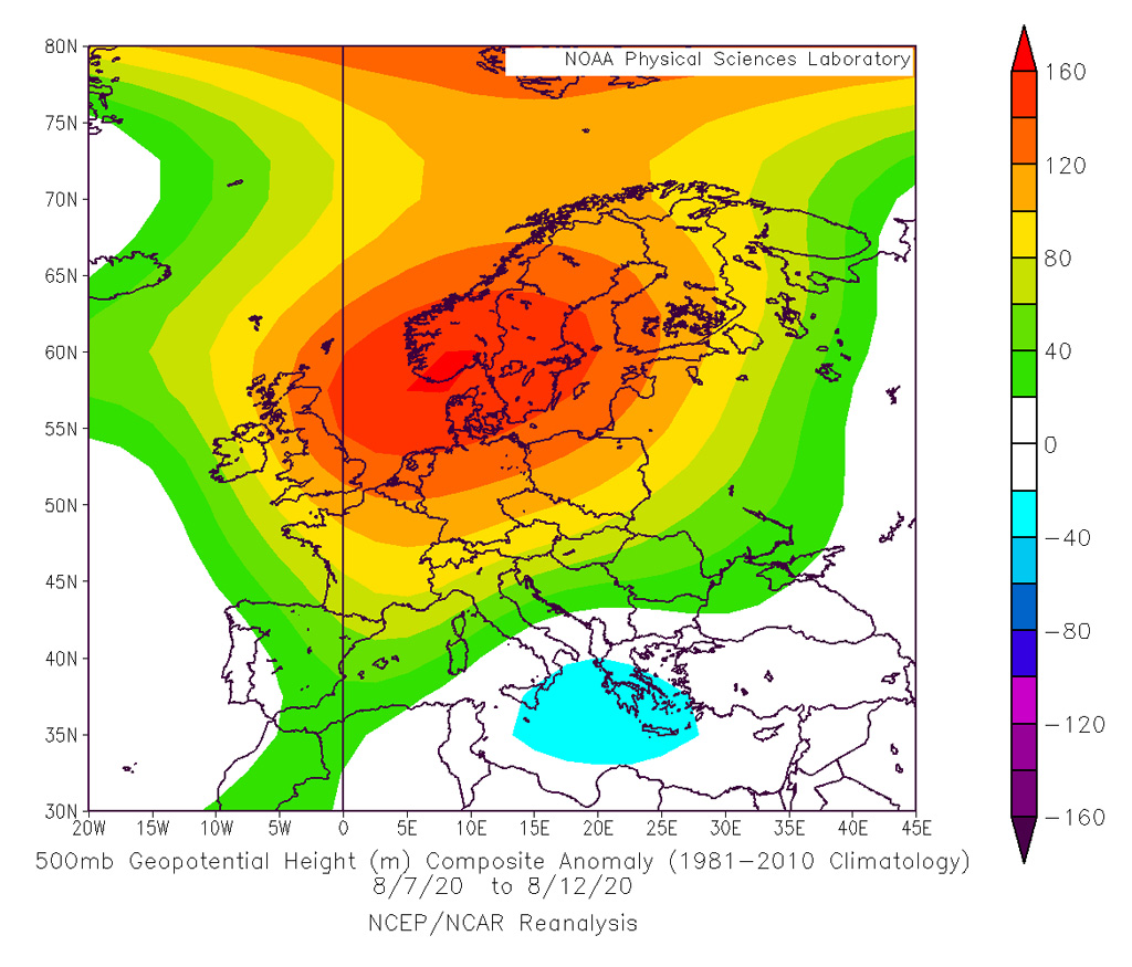 Map of atmospheric pressure over Europe, depicted as the average 500mb geopotential height anomaly relative to 1981-2020 for 7-12 August.