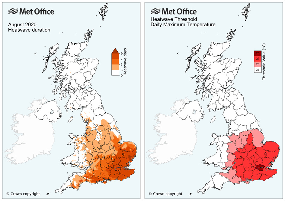 Maps showing the duration of the August heatwave in different parts of the UK (left) and the heatwave temperature thresholds in the different UK counties (right). The darker shading indicates a higher number of heatwave days/a higher threshold.