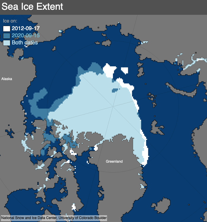 NSIDC (2020) Map of 2012 vs 2020 Arctic sea ice minimum