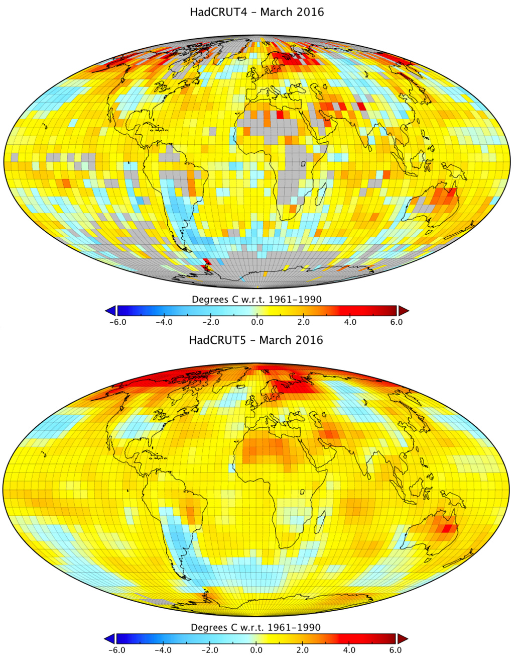 Gridded global surface temperatures in HadCRUT4 and HadCRUT5 analysis for March 2016