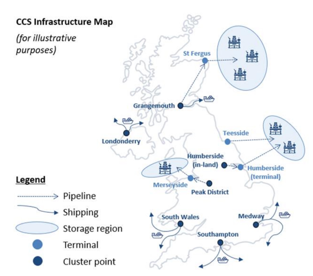 Potential locations for cluster points and terminals for CO2 transport and storage infrastructure.