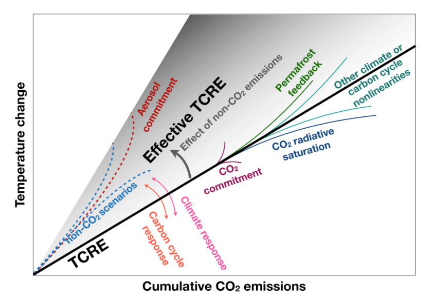 不同的因素affecting the approximately linear relationship between warming and cumulative CO2 emissions