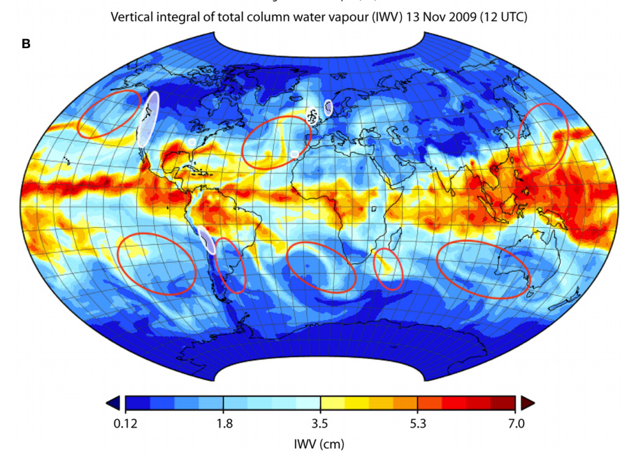 Map using ERA-Interim data showing the composite integrated total column of water vapour at 12-00 UTC 13 November 2009