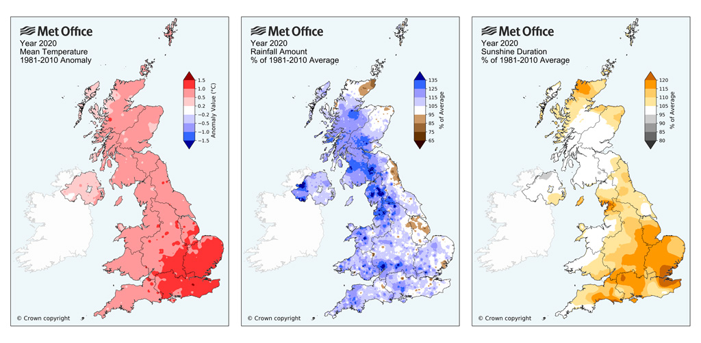 Maps of temperature rainfall and sunshine anomalies relative to a 1981-2010 average