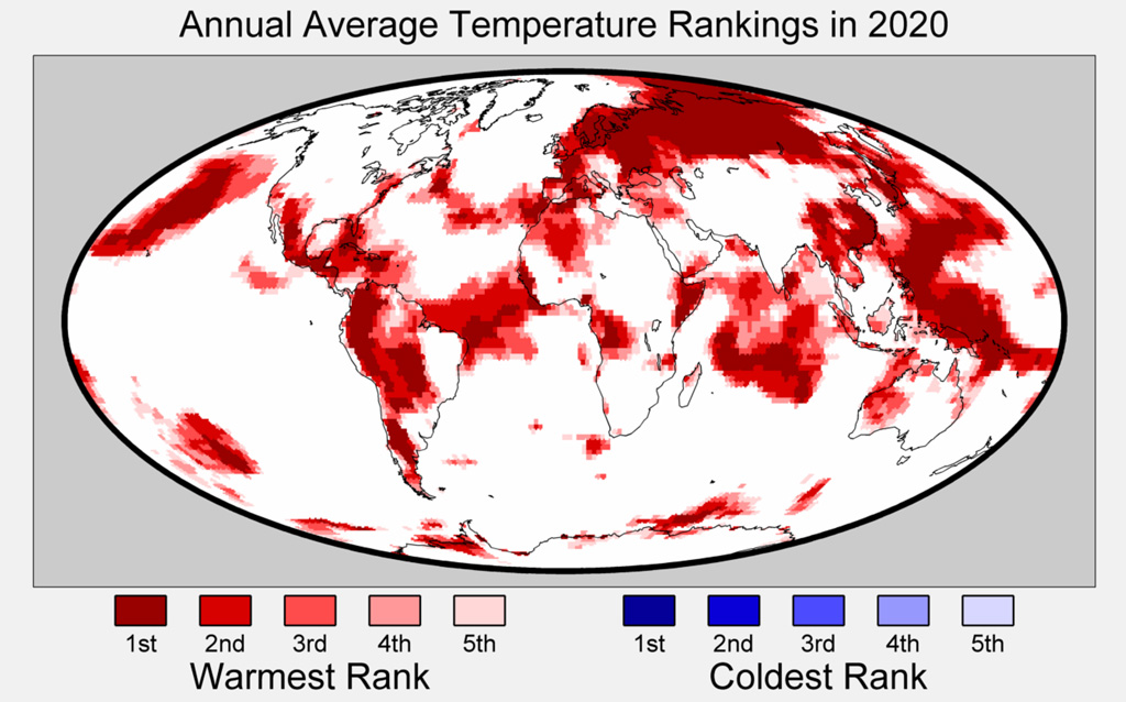 Regions of the world among the five warmest of five coolest on record for average annual temperatures in 2020