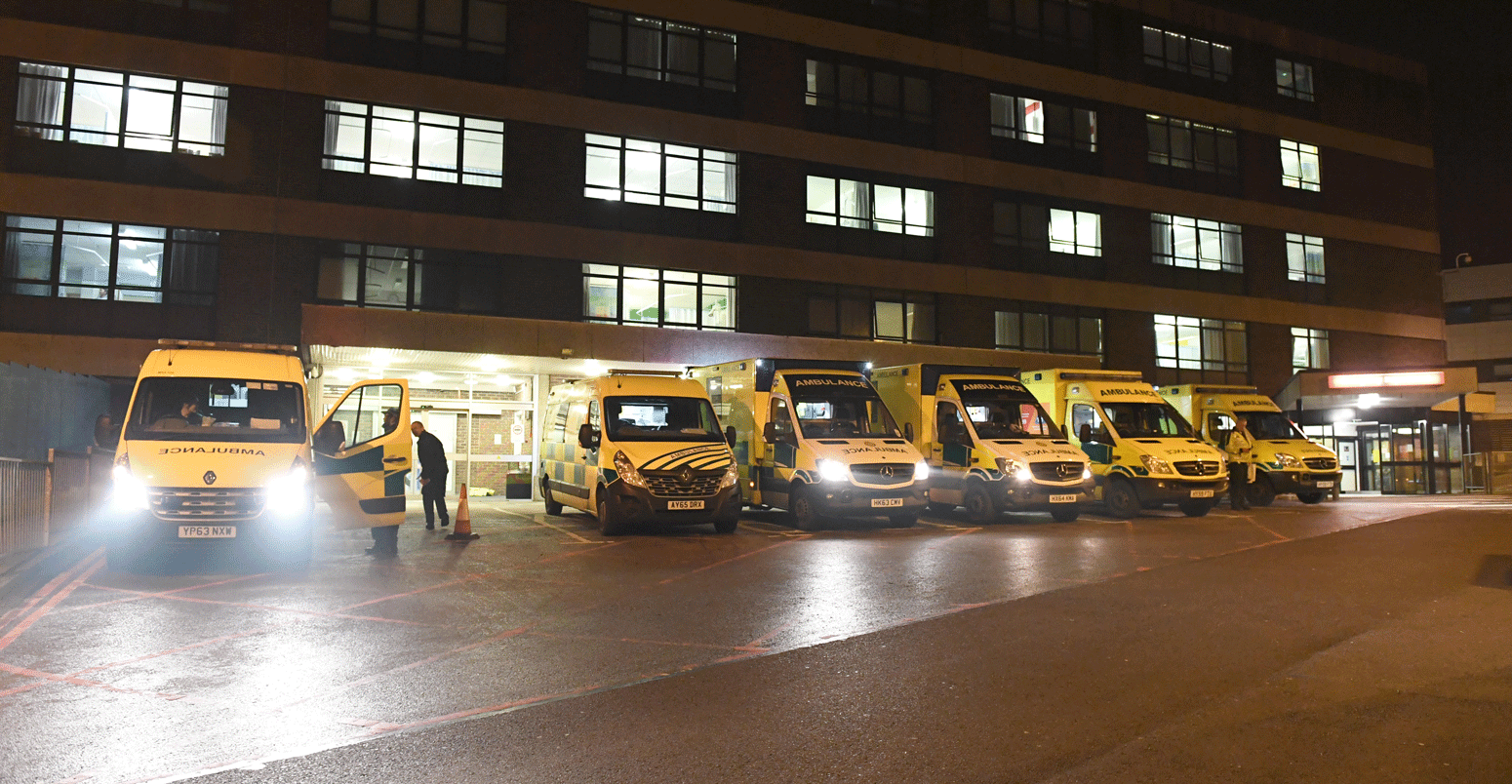 Queue of ambulances at the accident and emergency department at Queen Alexandra Hospital in Portsmouth, Hampshire