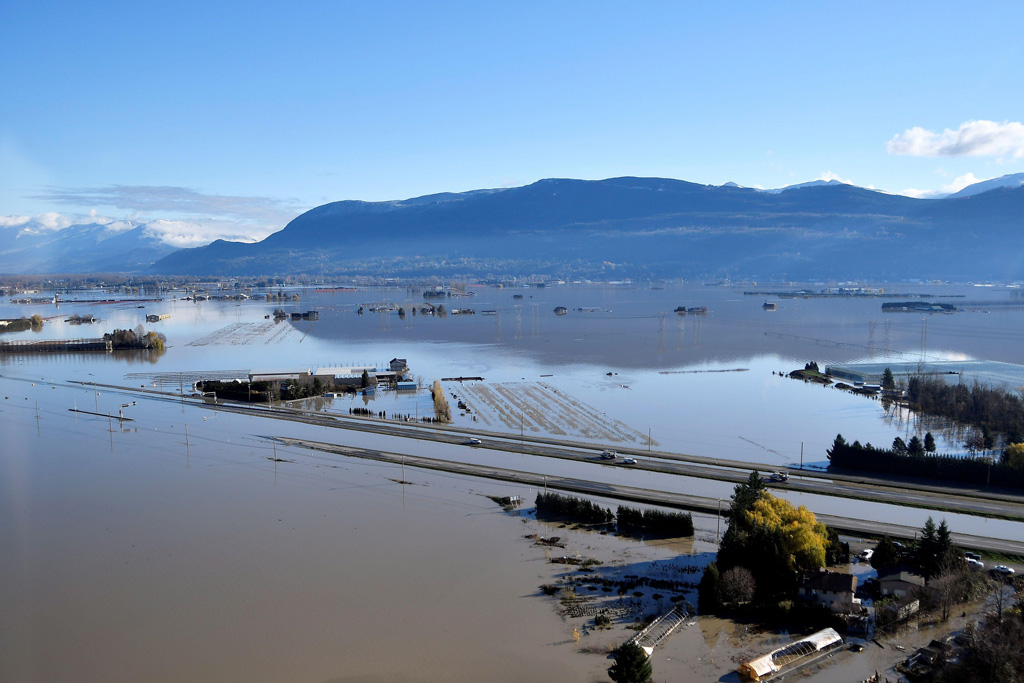 The Trans Canada highway remains partially submerged by flood water after rainstorms lashed the western Canadian province of British Columbia in November 2021