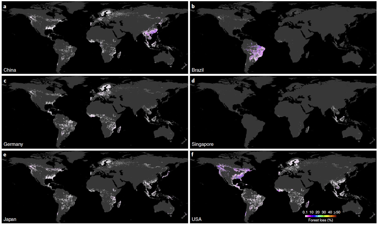 Cumulative deforestation footprints from China, Brazil, Germany, Singapore, Japan and the US