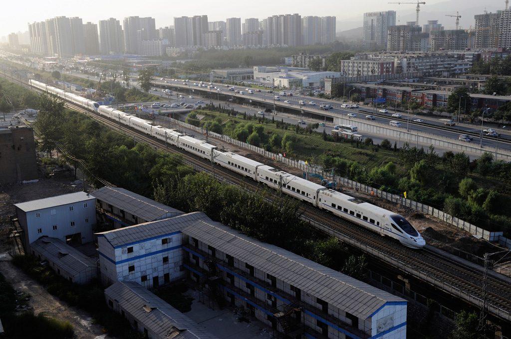 High-speed bullet train travelling through Beijing city