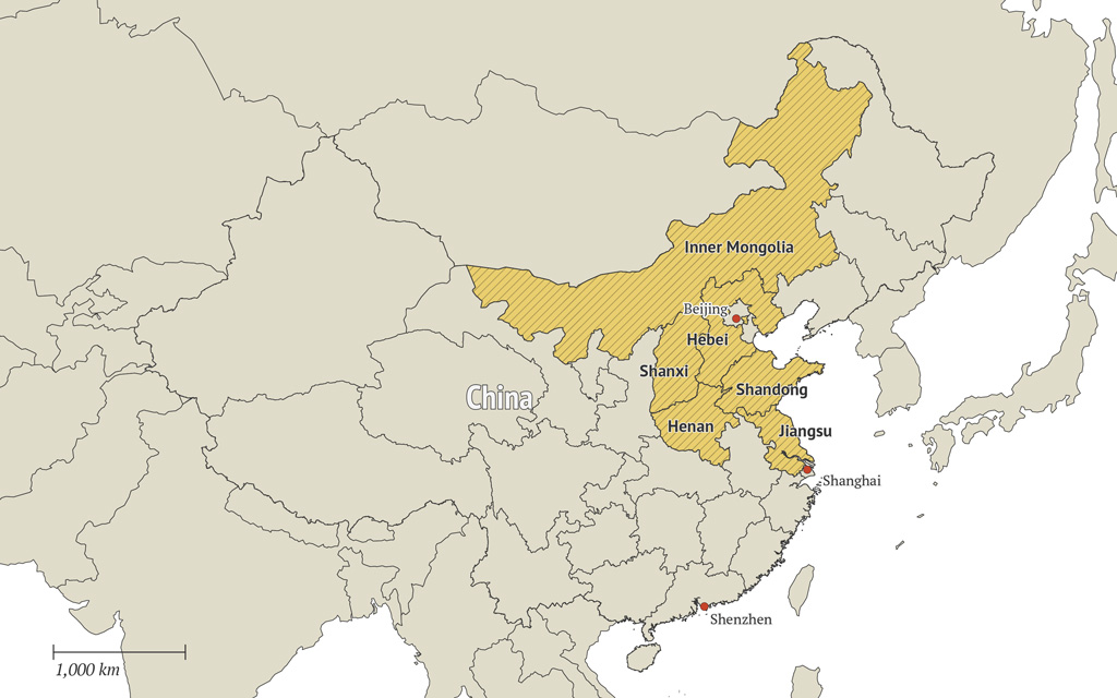 Inner Mongolia, Hebei and Shanxi in northern China, Shandong and Jiangsu in eastern China and Henan in central China