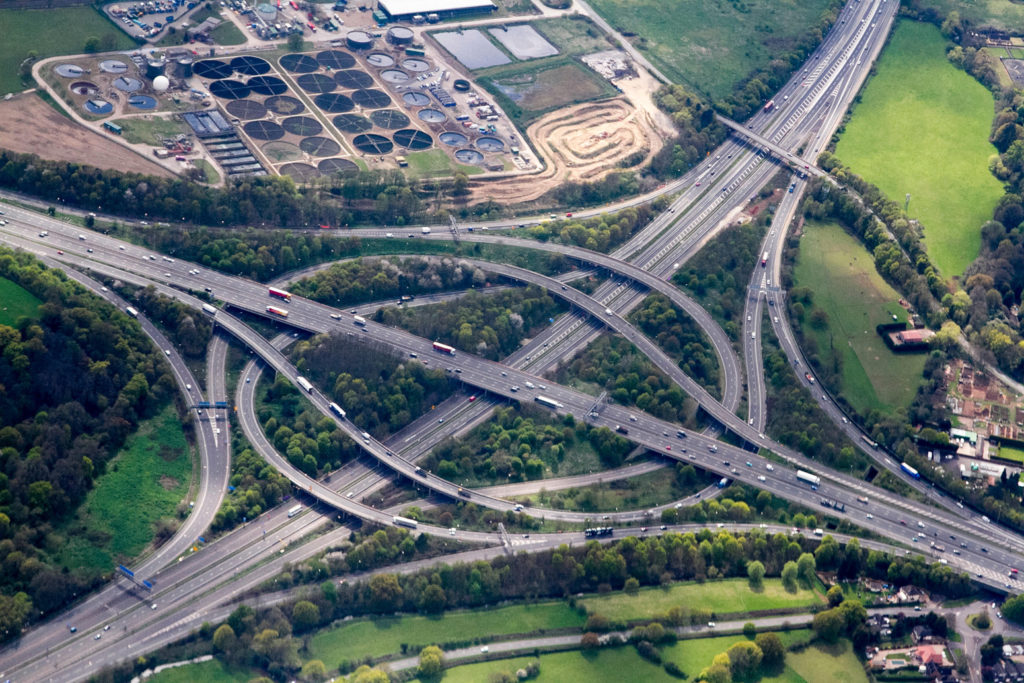 London UK. 25th April 2016. Aerial photograph of traffic on a Spaghetti Junction on an overcast as rain is forecast in London