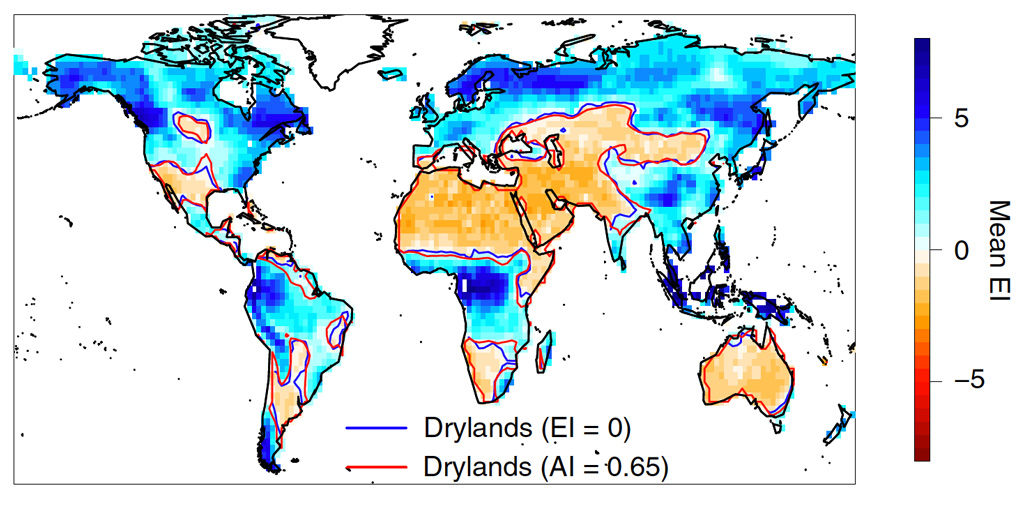 地图现在全球旱地使用ecoy-hydrological index and aridity index metrics